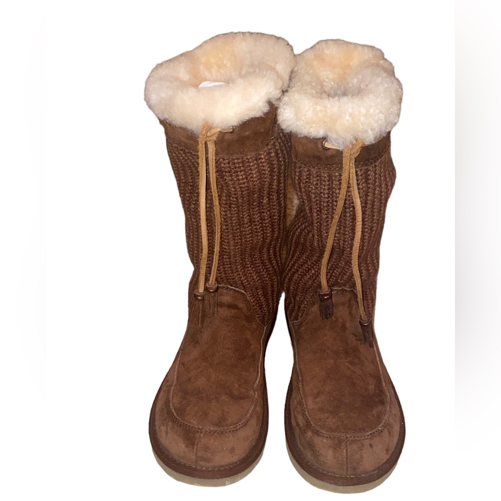 UGG Suburb Chocolate Brown Suede Leather Shearling Crochet Boots Woman's Size 8